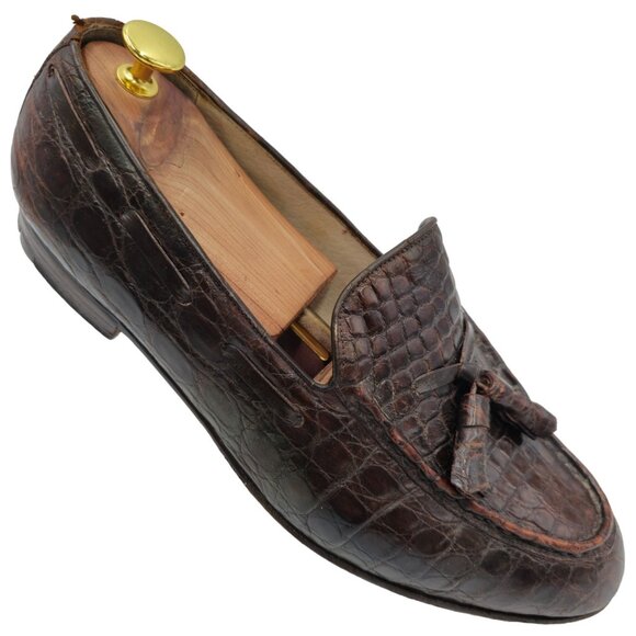Vintage Exotic Crocodile by Paris Shoes Mens 10D Custom Made Brown Dress Loafers - Picture 1 of 12